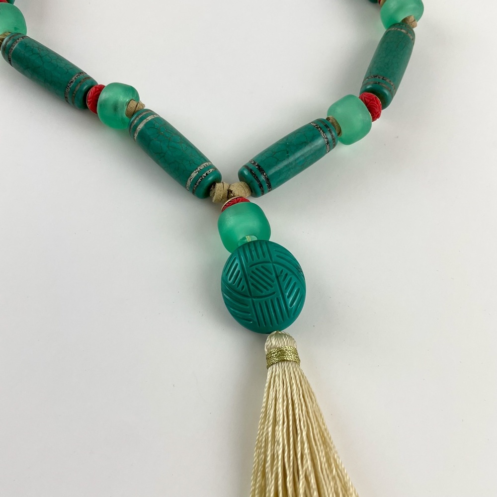 Chico's Extra Long Tassel Necklace w Aquamarine Glass Beads, NWT
